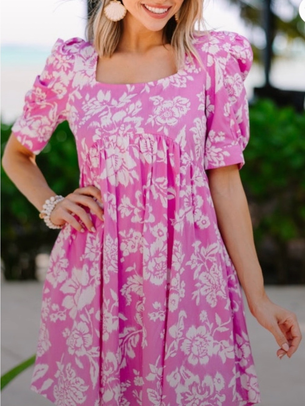 entro Hot Pink & White Floral Square-Neck Babydoll Dress